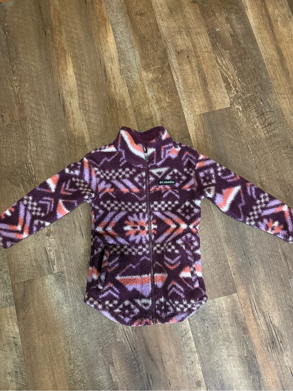 Columbia Girls' Burgundy and Pink Patterned Fleece Jacket